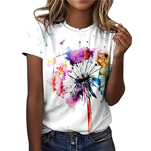 Shirt Damen Weiß Sommer Kurzarm T-Shirt Casual Rundhals Oberteil Tops Basic Baumwolle Bluse Tunika Longshirt Löwenzahn Sommershirt Lose Elegant Sportshirt Laufshirt blitzangebote des Tages von EMATOP