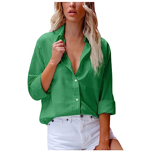 Sommer Leinenbluse Damen Casual Tunika Tops Leinen Einfarbig Hemdbluse Elegant Langarm Hemd Longbluse Vintage Leicht Oberteile V-Ausschnitt Knopfleiste Bluse T-Shirt Teenager Mädchen von EMATOP