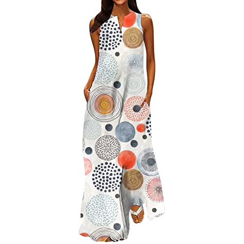 Sommer Maxikleid für Damen Lässig Ärmellos T-Shirt Kleid Lange Elegant Strandkleid V-Ausschnitt Vintage Shirtkleid Taschen Schlitz Sommerkleid Blumen Wickelkleid Plissiert A Linie Kleider von EMATOP