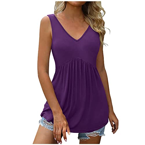 Sommer Tshirt Damen Elegant Tunika Longshirt Sexy Ärmellos T-Shirt V Ausschnitt Mode Oberteile Lässiges Einfarbig Bluse Tops Loose Plissiert Sommershirts Vintage Hohe Taille Longbluse von EMATOP