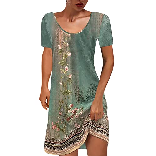 Sommerkleid Damen Knielang Kurzarm T-Shirt Kleider Lässiges Rundhals Boho Strandkleider Sommer Elegant Minikleid Bunte Blumen Drucke Blusenkleid Baumwolle Vintage Partykleid für Alltag von EMATOP