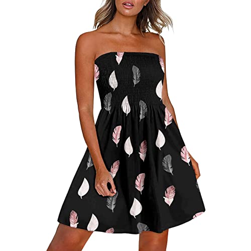 Sommerkleid Damen Kurz Boho Kleid Sexy Bandeau Strandkleid Ärmellos Trägerlos Minikleid Knielang Partykleid Lässig Lose A Linie Kleider Feder Muster Freizeitkleid Hohe Taille Cocktailkleid von EMATOP