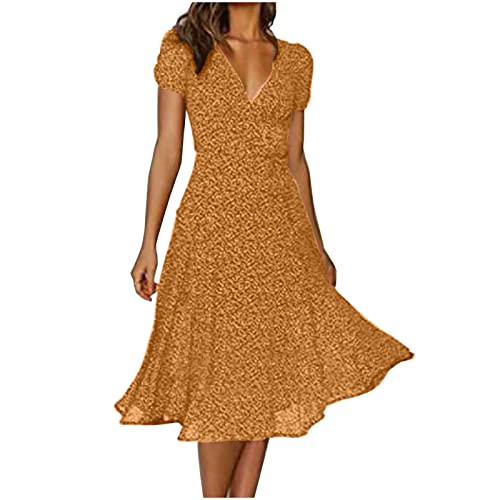 Sommerkleid Damen Lang Chiffon Kleider Knielang Midikleid A-Linie Kleid Blumen Boho Strandkleid Lässiges Kurzarm Blusenkleid V-Ausschnitt Elegant Partykleid Polka Dot Druck Freizeitkleid von EMATOP