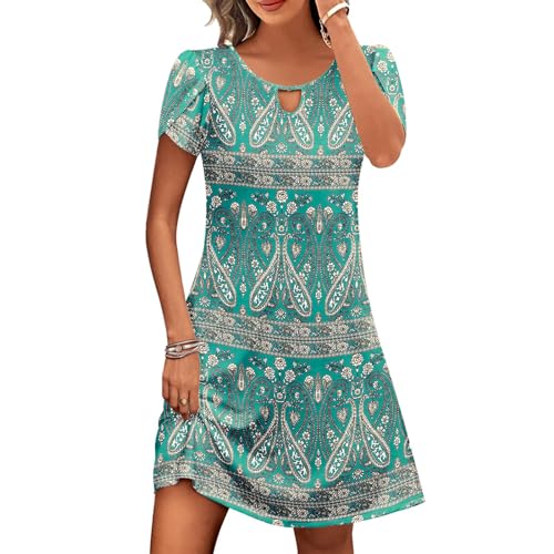 Sommerkleid Damen Leicht Kurzarm Kleid Casual Rundhals Minikleid Knielang T-Shirt Kleider Baumwolle Elegant Blusenkleid Blumen Boho Strandkleider Kurz Partykleid blitzangebote des Tages von EMATOP