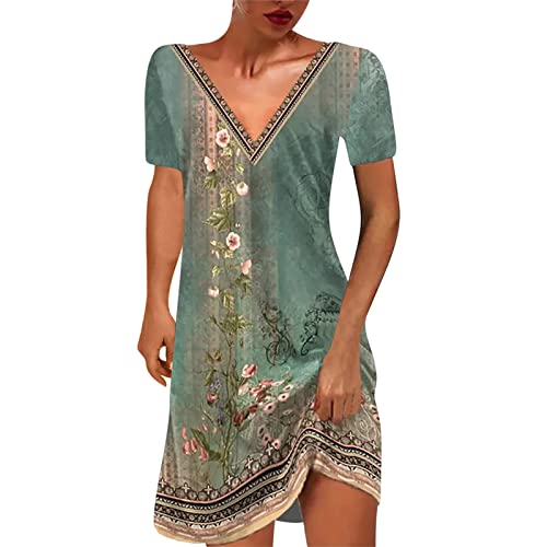 Sommerkleider Damen Kurzarm Lässig V-Ausschnitt Blumendruck A-Linie Kleid Midikleid Partykleid Freizeitkleid Strandkleider von EMATOP