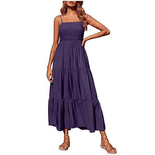 Spaghetti Träger Kleid Damen Sommer Strandkleid Elegant Lang Midikleid Ärmellos Sexy Sommerkleid Einfarbig Hohe Taille Trägerkleid Swing A Linie Partykleid Teenager Mädchen Shirtkleid von EMATOP