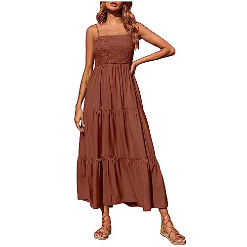 Spaghetti Träger Kleid Damen Sommer Strandkleid Elegant Lang Midikleid Ärmellos Sexy Sommerkleid Einfarbig Hohe Taille Trägerkleid A Linie Partykleid Shirtkleid Sale Angebote von EMATOP
