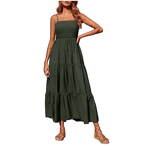 Spaghetti Träger Kleid Damen Sommer Strandkleid Elegant Lang Midikleid Ärmellos Sexy Sommerkleid Einfarbig Hohe Taille Trägerkleid Swing A Linie Partykleid Teenager Mädchen Shirtkleid von EMATOP