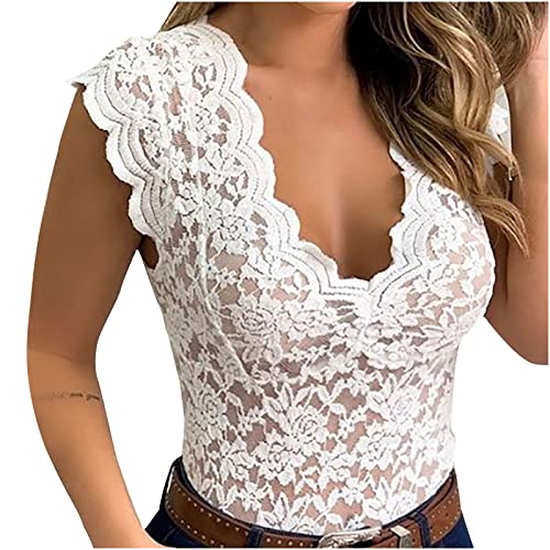 Spitze Crop Tops Damen Sexy V-Ausschnitt Oberteil Shirt Elegant Bauchfrei Camilose Top Sommer Cropped Spitzentop Bralettes Untertops Einfarbig Tunika Bluse Sommershirts blitzangebote von EMATOP