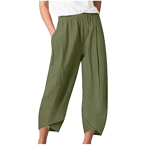 Sporthose Damen Sommer 3/4 Hose Loose Einfarbig Freizeithosen Baumwolle Leinen Strandhose High Waist Capri Stoffhose mit Taschen Leinenhose Elastische Taille Trainingshose Streetwear von EMATOP