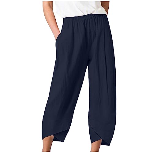 Sporthose Damen Sommer 3/4 Hose Loose Einfarbig Freizeithosen Baumwolle Leinen Strandhose High Waist Capri Stoffhose mit Taschen Leinenhose Elastische Taille Trainingshose Streetwear von EMATOP