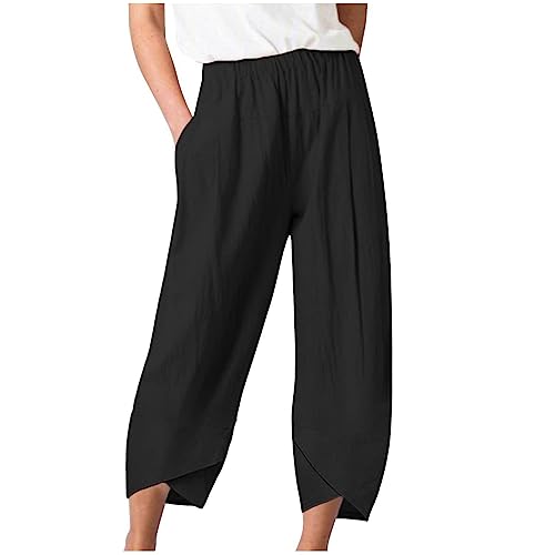 Sporthose Damen Sommer 3/4 Hose Loose Einfarbig Freizeithosen Baumwolle Leinen Strandhose High Waist Capri Stoffhose mit Taschen Leinenhose Elastische Taille Trainingshose Streetwear von EMATOP