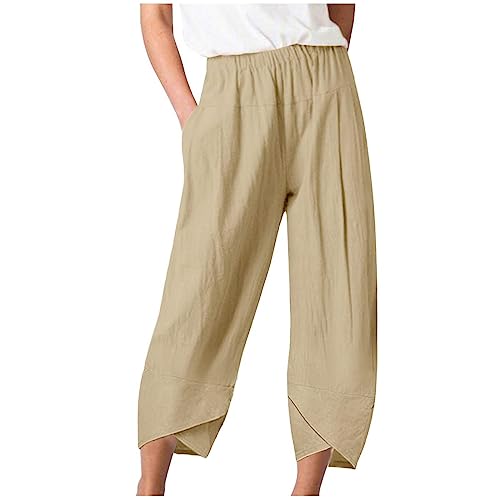 Sporthose Damen Sommer 3/4 Hose Loose Einfarbig Freizeithosen Baumwolle Leinen Strandhose High Waist Capri Stoffhose mit Taschen Leinenhose Elastische Taille Trainingshose Streetwear von EMATOP