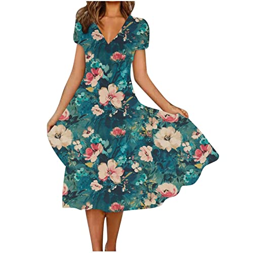 Strandkleid Damen Lang V-Ausschnitt Boho Kleider Casual Chiffon Sommerkleid Lose Elegant Partykleid Schön Blumen Druck Freizeitkleid Vintage A-Linie Kleid Hohe Taille Midikleid Knielang von EMATOP