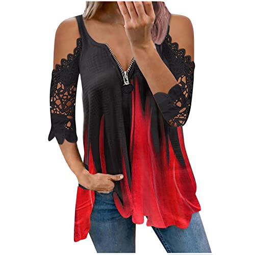 EMATOP T-Shirt Damen Shirts V Ausschnitt Criss Cross Cold Shoulder Oberteil Tops, XXL, Z21-rot von EMATOP