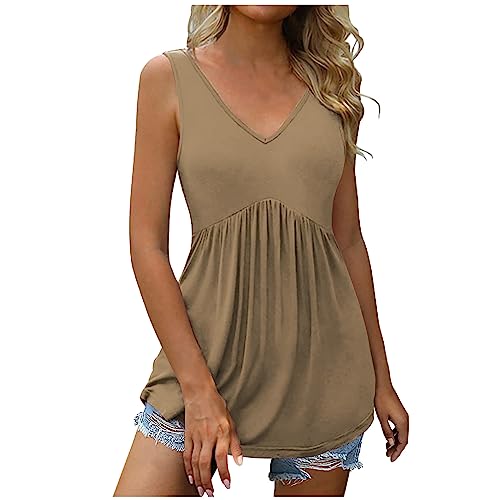 Tank Top Damen Ärmellose Sommer T-Shirt Baumwolle Leicht Oberteile Locker Elegant Sommershirts Sexy V-Ausschnitt Weste Tunika Shirt Casual Einfarbig Longshirt Lose Plissiert Streetwear von EMATOP