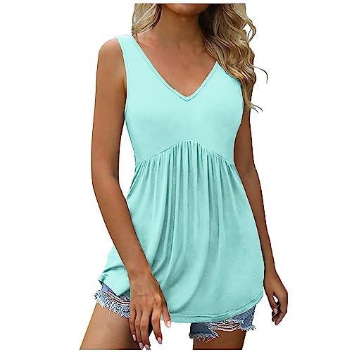 Tank Top Damen Ärmellose Sommer T-Shirt Baumwolle Leicht Oberteile Locker Elegant Sommershirts Sexy V-Ausschnitt Weste Tunika Shirt Casual Einfarbig Longshirt Lose Plissiert Streetwear von EMATOP