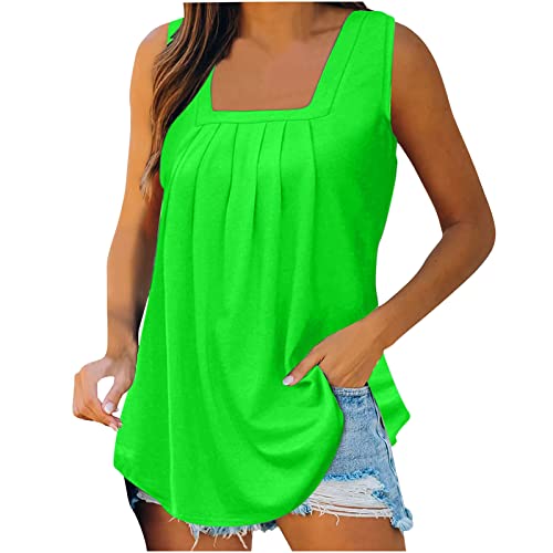 Tank Top Damen Lang Sommer Tshirt Sexy Ärmellose Oberteile Loose Casual Tunika Sportshirt Elegant U-Ausschnitt Weste Shirt Baumwolle Einfarbig Sommershirt Lässig Plissiert Longshirt von EMATOP