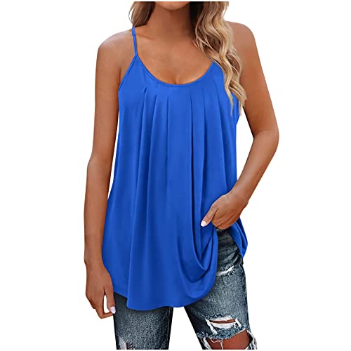 Tank Top Damen Sommer Ärmellose Oberteile Sexy Elegant Trägershirt Lose Lässige Tunika Longshirt Basic Rundhals Weste Shirt Plissierte Einfarbig Sportshirt Baumwolle Locker Bluse Tops von EMATOP