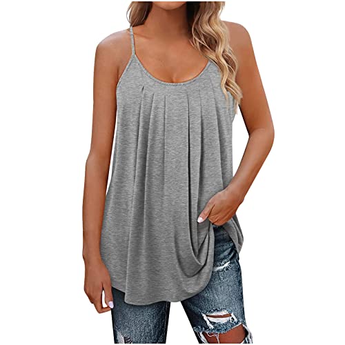 Tank Top Damen Sommer Ärmellose Oberteile Sexy Elegant Trägershirt Lose Lässige Tunika Longshirt Basic Rundhals Weste Shirt Plissierte Einfarbig Sportshirt Baumwolle Locker Bluse Tops von EMATOP