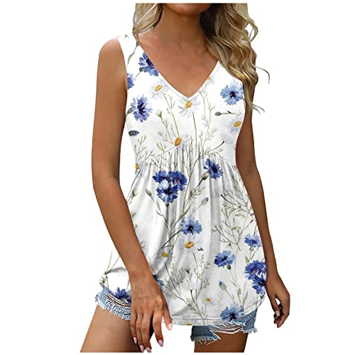 Tank Top Damen Sommer Ärmelloses Tshirt Lang Elegant Tunika Shirt Sexy V-Ausschnitt Sommershirts Casual Plissiert Bluse Longshirt Schön Blumen Druck Longbluse Hohe Taille Streetwear von EMATOP