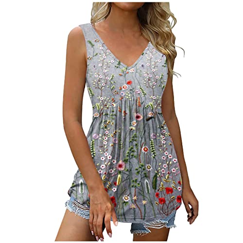 Tank Top Damen Sommer Ärmelloses Tshirt Lang Elegant Tunika Shirt Sexy V-Ausschnitt Sommershirts Casual Plissiert Bluse Longshirt Schön Blumen Druck Longbluse Hohe Taille Streetwear von EMATOP