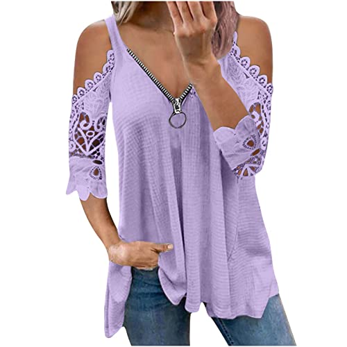 Tshirt Damen Sommer Spitze Große Größen Oberteile Kurzarm Shirts Casual Tops Rundhals Lose Basic Beiläufig Bluse von EMATOP