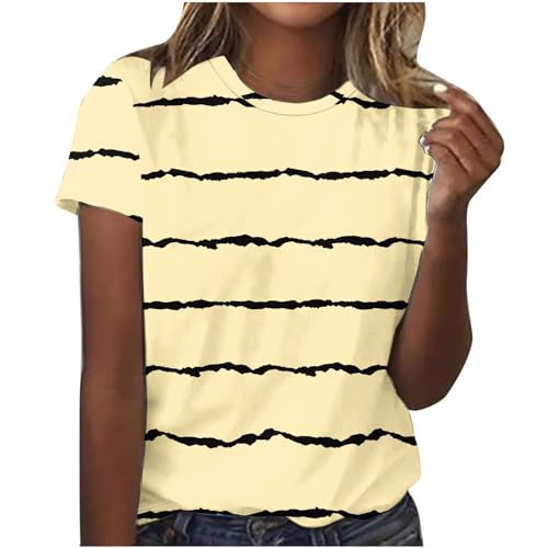 Sommer Kurzarm Shirt Damen Elegant Tunika Tshirt Casual Leicht Oberteile Basic Rundhals Bluse Tops Mode Streifen Sommershirts Vintage Bequemes Longshirt Locker Kuschelig Sportshirt von EMATOP