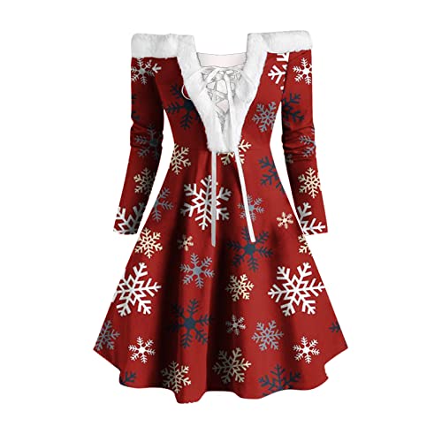 Weihnachtskleid Damen Rockabilly A Linie Kleid Festliches Partykleid Hohe Taille Cocktailkleid Sexy Schulterfrei Ballkleid Schneeflocke Druck Abendkleid Plüsch V-Ausschnitt Minikleid von EMATOP