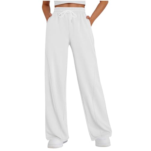 Weite Hosen Damen Lässig Locker Sweathose Elegant Lang Jogginghose Elastische Taille Sporthose Bequeme Einfarbig Laufhosen mit Taschen Traininghose Leicht Baumwolle Freizeithose von EMATOP