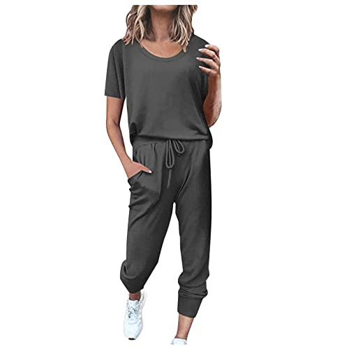 angebote des tages heute damen Sportanzug Damen Sommer Kurzarm Tracksuit Casual Baumwolle Trainingsanzug 2 Teilig Einfarbig Jogginganzug Lose T-Shirt Top und Hose Freizeitanzug Taschen Sportswear von EMATOP