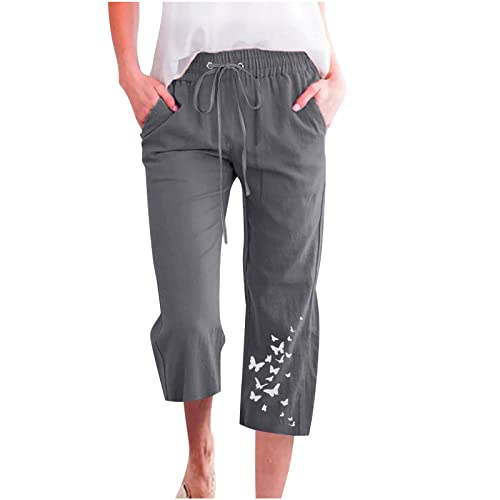 Sommerhose Damen Leicht 3/4 Culotte Hose Casual Loose Fit Stoffhose Baumwolle Leinen Caprihose mit Taschen Leinenhose Hohe Taille Strandhose Luftige Bequeme Freizeithose für Urlaub Strand von EMATOP