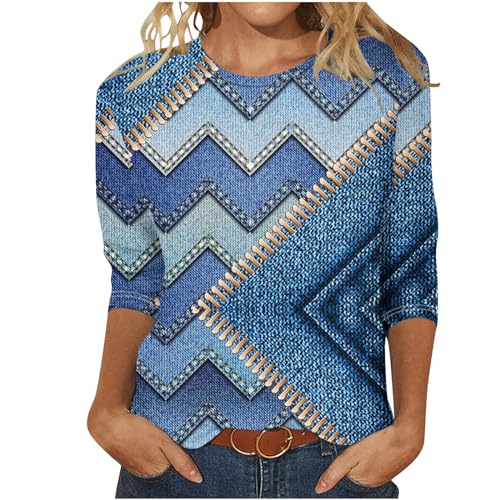 EMATOP Damen Bluse Lässige 3/4 Ärmel Tshirt Elegant Baumwolle Tunika Tops Locker Rundhals Sommershirts Bunt Streifen Longshirt Vintage Sport Longbluse Leicht Bequemes Oberteile für Alltag von EMATOP