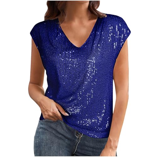 Party Tops Damen Sommer Pailletten Kurzarm Shirt Elegant Festlich Glitzer Tshirt V-Ausschbitt Sexy Oberteile Schön Glänzend Tunika Bluse Longshirt Einfarbig Mode Cocktail Sommershirts von EMATOP
