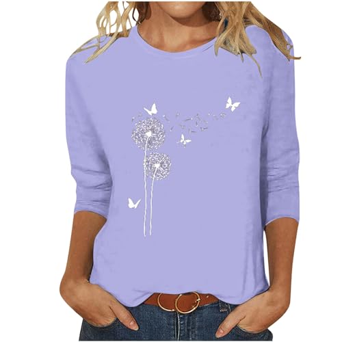 Sommer Oberteile Damen Casual 3/4 Ärmel T-Shirt Sport Baumwolle Bluse Tops Lässige Leicht Tunika Sommershirt Löwenzahn Muster Longshirt Rundhals Basic Sportshirt Elegant Bequem Laufshirt von EMATOP