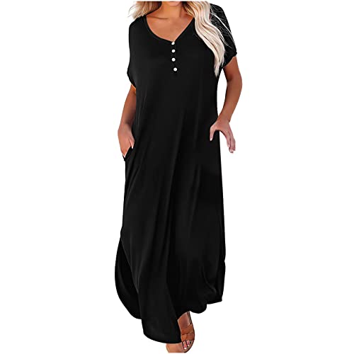 blitzangebote Wickelkleid Damen Kurzarm T-Shirt Kleider Oversize Shirtkleid V-Ausschnitt Knopfleiste Freizeitkleid mit Taschen Strandkleid Baumwolle Einfarbig Sommerkleid von EMATOP