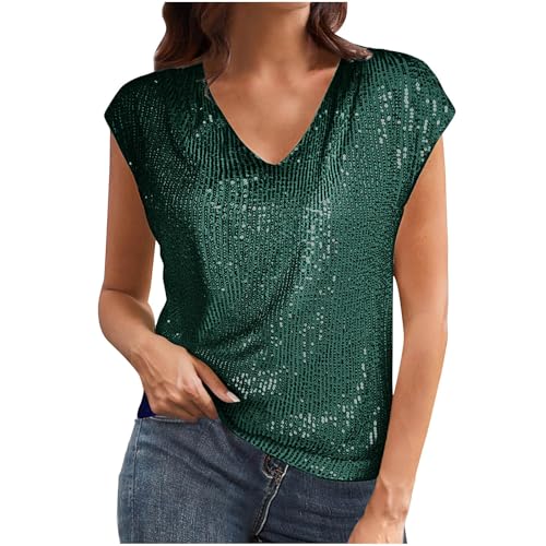 Party Tops Damen Sommer Pailletten Kurzarm Shirt Elegant Festlich Glitzer Tshirt V-Ausschbitt Sexy Oberteile Schön Glänzend Tunika Bluse Longshirt Einfarbig Mode Cocktail Sommershirts von EMATOP