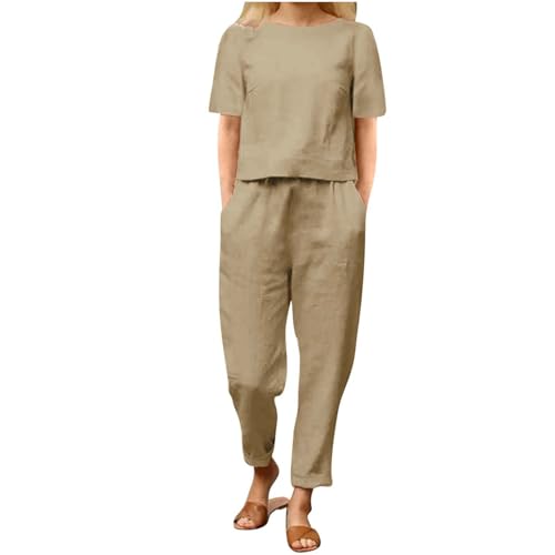 EMATOP Leinen Outfits Damen Leicht Baumwolle Hosenanzug 2 Teiler Bluse Tshirt und Lange Hosen Freizeitanzug Casual Einfarbig Jogginganzug Leicht Atmungsaktiv Sportanzug Lose Elegant Tracksuit von EMATOP