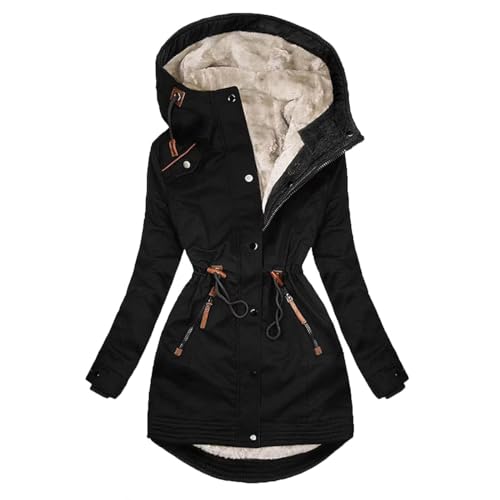 prime angebote Mantel Damen Lang Warm Gefüttert Winterjacke Elegant Langarm Pufferjacke Casual Baumwolle Steppjacke mit Kapuze Wintermantel Winter Fleece Winterparka Jacke von EMATOP