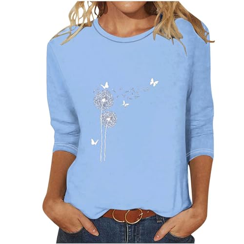 tagesangebote Heute Blusen Damen Sommer 3/4 Arm Oberteile Shirt Elegant Baumwolle Tshirt Casual Rundhals Sportshirt Leicht Gemütlich Tunika Sommershirts Löwenzahn Druck Kurzarm Longshirt von EMATOP