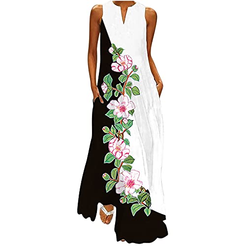Lange Sommerkleid Damen Ärmelloses Elegant Maxikleid Sommer Boho Strandkleid V-Ausschnitt Leicht A-Line Kleider Luftig Trägerkleid mit Taschen Freizeitkleid Bunte Blumen Shirtkleider von EMATOP