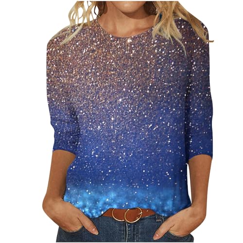 Tshirt Damen 3/4 Arm Pailletten Oberteil Shirt Lässig Rundhals Tunika Longshirt Festliche Glitzer Langarmshirt Elegant Bluse Tops Neuartige Drucke Sommershirt Baumwolle Liebe Sportshirt von EMATOP