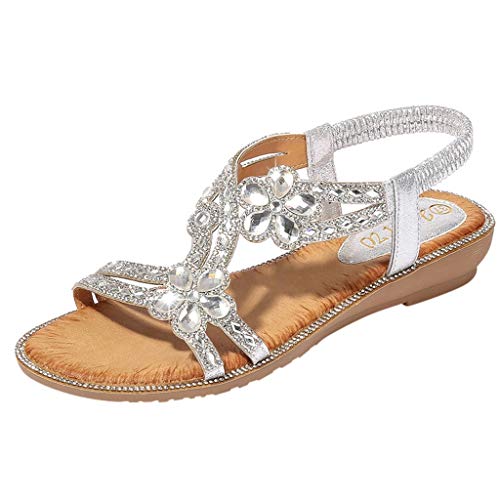 EMAlusher Sandaletten Damen Flach Bohemia Riemchenpumps Flipflopssandalen Tanzschuhe Abendschuh Freizeit Flach Sandalette Sommer VintageZehentrenner Strandsandalen Perfekt für Hochzeiten und Partys von EMAlusher