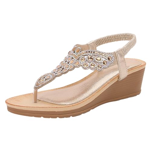 OrthopäDische Sandalen Damen Elegant, Sandalen Damen Plateau Gold, Frauen Bohemia Mit Strass Sandals Trendy Leder Elastischen Freizeit Strand Sommerschuhe Zehentrenner ÜBergrößE von EMAlusher