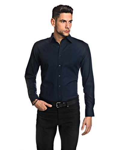 Embraer Herren-Hemd Slim-Fit tailliert bügelfrei 100% Baumwolle Uni-Farben - Männer lang-arm Hemden für Anzug Krawatte Business Hochzeit Freizeit oder unter Pullover dunkelblau 41-42 von Embraer