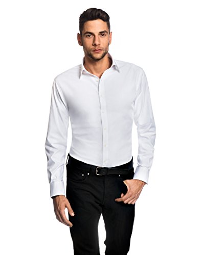 Embraer Herren-Hemd Slim-Fit tailliert bügelfrei 100% Baumwolle Uni-Farben - Männer lang-arm Hemden für Anzug Krawatte Business Hochzeit Freizeit oder unter Pullover weiß 39-40 von Embraer