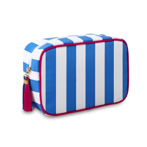 EMBRUNIOICE Make-up-Tasche, gestreift, Reise-Kosmetiktasche, Organizer, Quaste, Kulturbeutel, große Canvas-Tasche mit Reißverschluss und Zubehör, Aufbewahrungstasche für Damen, Weiß mit Dunkelblau EMBRUNIOICE Make-up-Tasche, gestreift, Reise-Kosmetiktasche, Organizer, Quaste, Kulturbeutel, große Canvas-Tasche mit Reißverschluss und Zubehör, Aufbewahrungstasche für Damen, Weiß mit Dunkelblau von EMBRUNIOICE