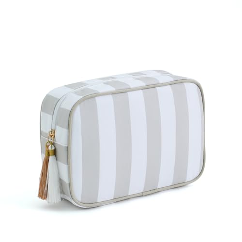 EMBRUNIOICE Make-up-Tasche, gestreift, Reise-Kosmetiktasche, Organizer, Quaste, Kulturbeutel, große Canvas-Tasche mit Reißverschluss und Zubehör, Aufbewahrungstasche für Damen, Weiß und Khaki von EMBRUNIOICE