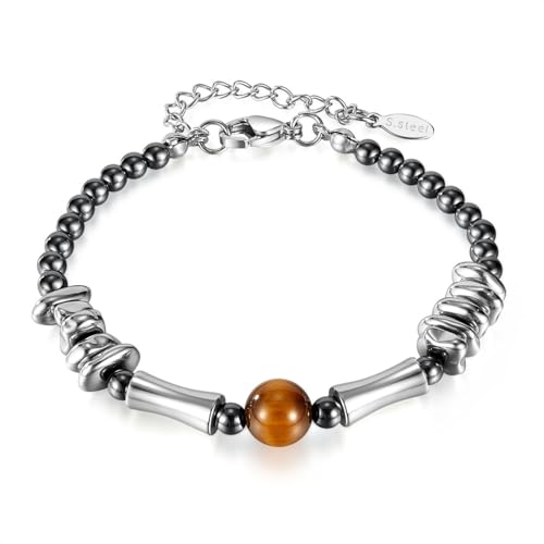 EMEM Herren Damen Armband Naturstein Tigerauge Hämatit Edelstahl Energie Armband mit Geschenkbox Kettenlänge 18 + 4,5cm gm305 von EMEMcharm