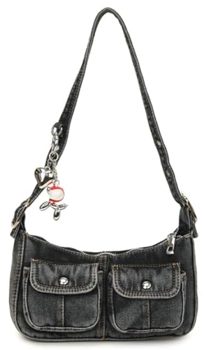 Y2K Denim Geldbörse für Frauen Vintage Umhängetasche Kleine Top Griff Clutch Punk Unterarm Handtasche mit mehreren Taschen 2025, Schwarz, Medium von EMGILL